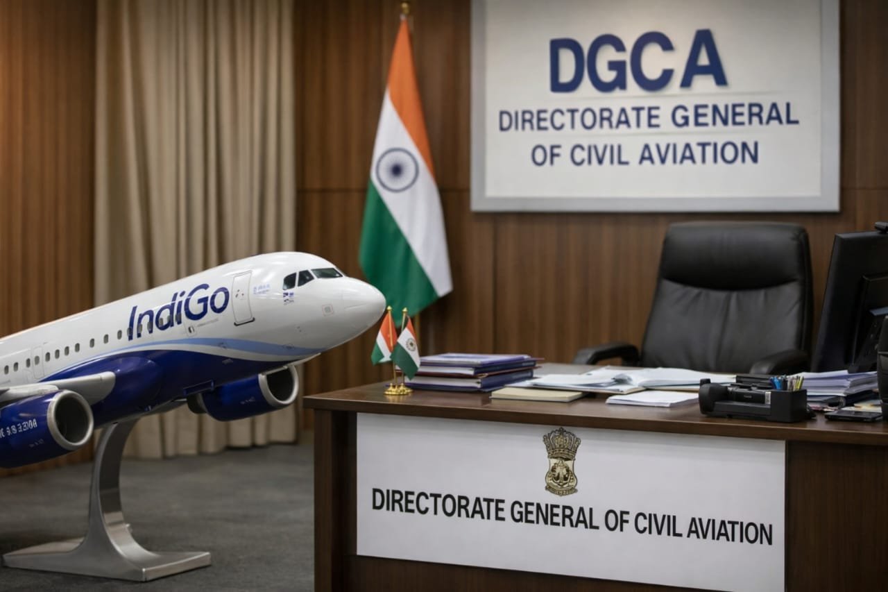 इंडिगो विमान और DGCA कार्यालय की डेस्क दिखाता दृश्य