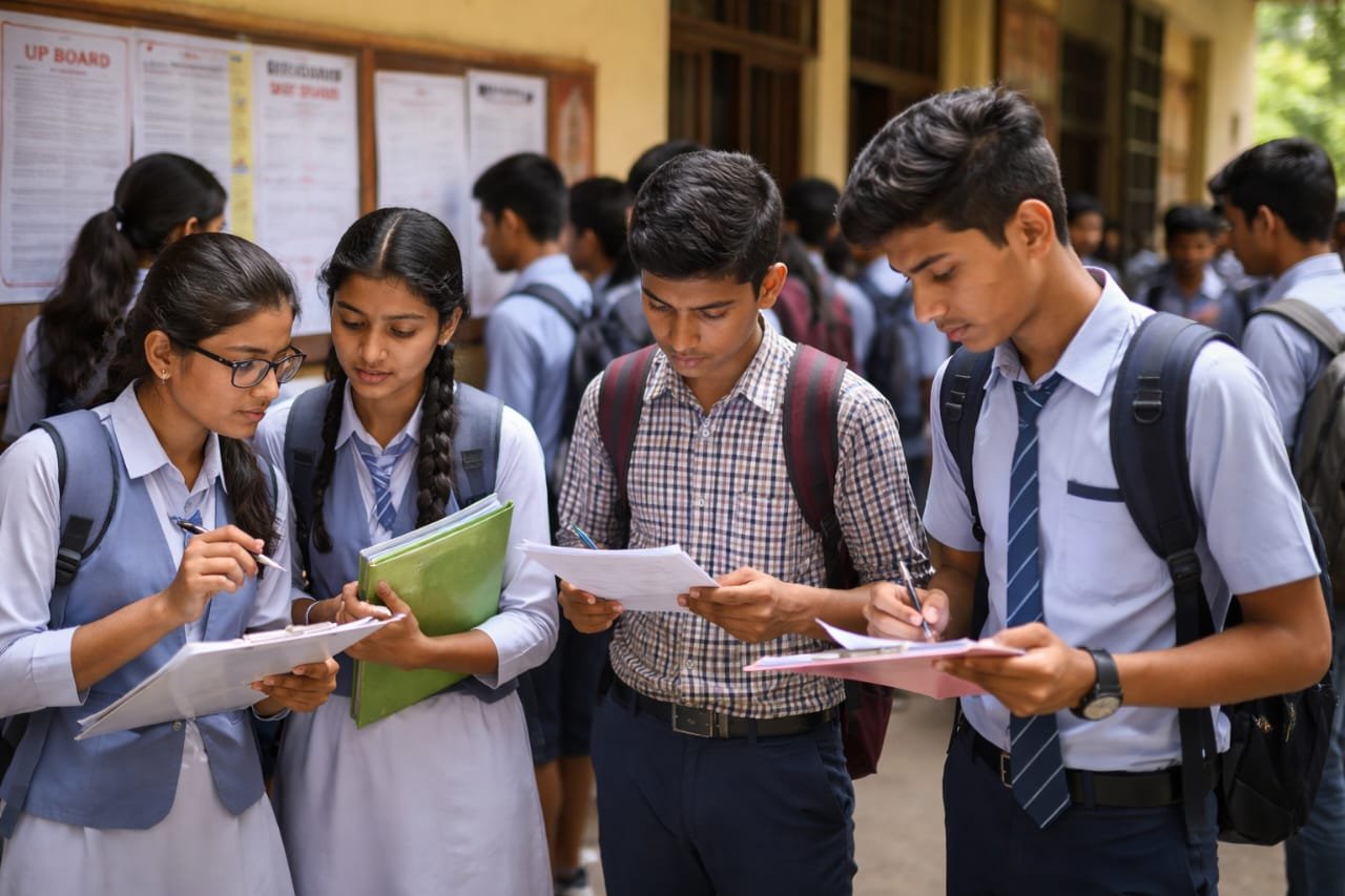 यूपी बोर्ड 2026 परीक्षा से पहले स्कूल में फॉर्म भरते और दस्तावेज़ जांचते छात्र