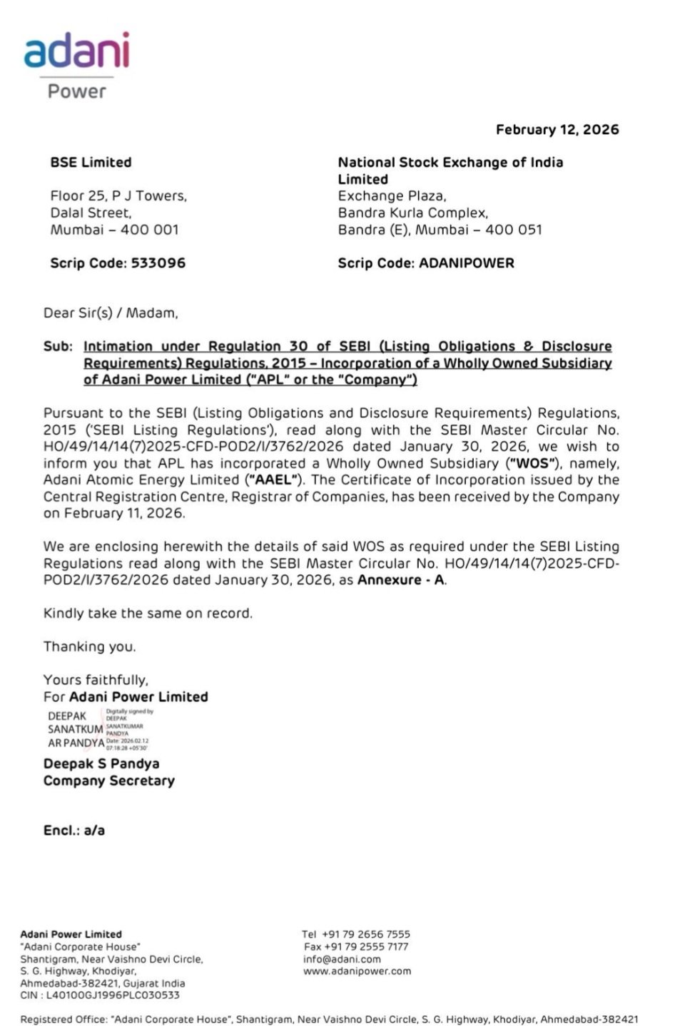 अडानी पावर द्वारा शेयर बाजारों को भेजा गया पत्र, जिसमें नई सहायक कंपनी के गठन की सूचना दी गई है