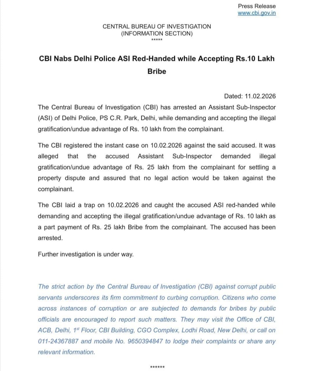 CBI की टीम द्वारा दिल्ली में थाना C.R. Park में तैनात ASI को रिश्वत लेते हुए पकड़े जाने की कार्रवाई