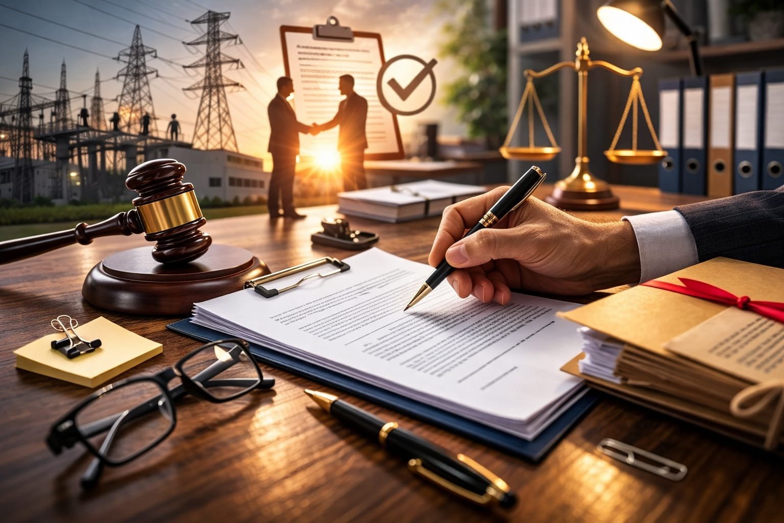 कार्यालय में दस्तावेजों पर हस्ताक्षर, न्याय और प्रशासनिक प्रक्रिया से जुड़ा प्रतीकात्मक दृश्य