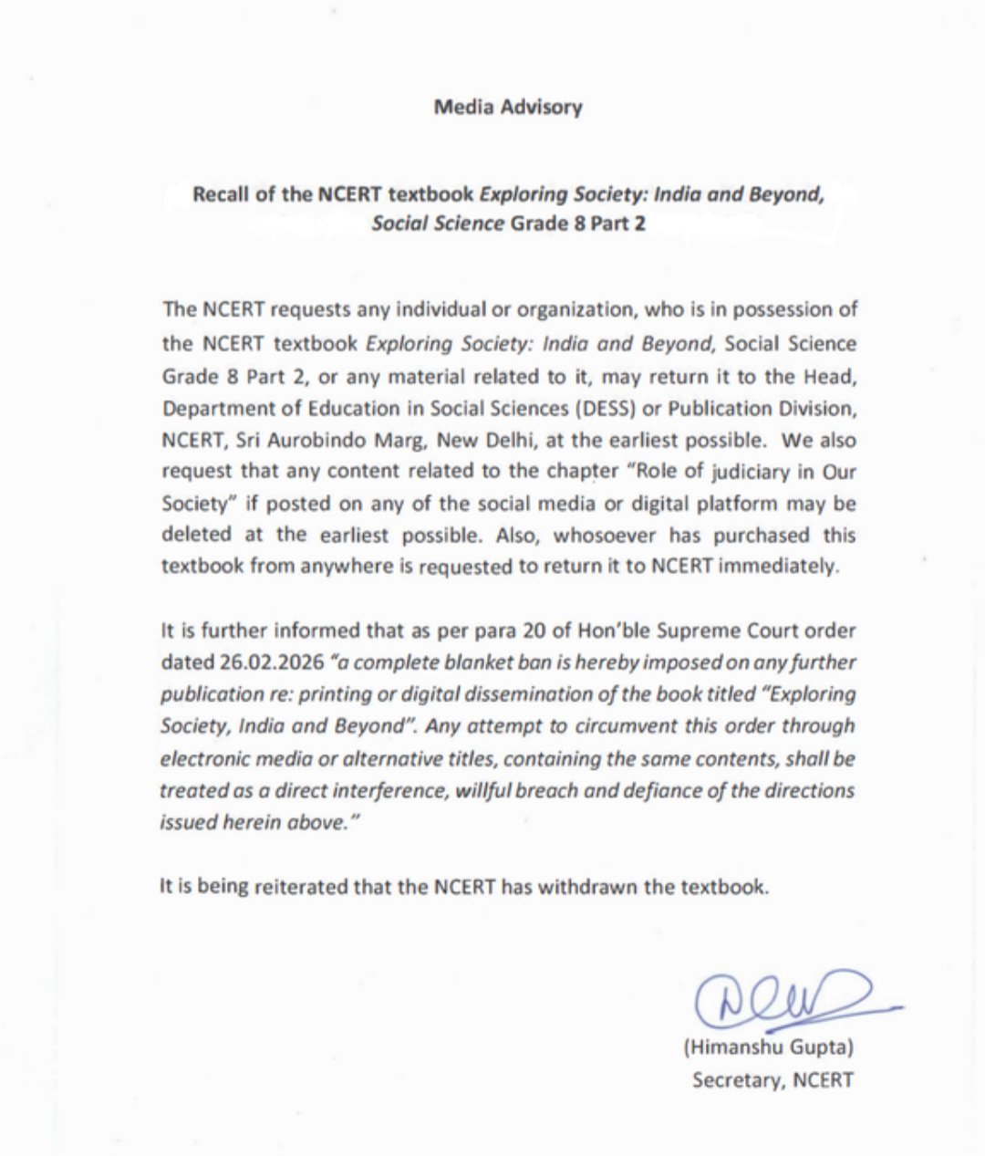 NCERT द्वारा कक्षा 8 की सामाजिक विज्ञान पुस्तक Exploring Society: India and Beyond को वापस लेने संबंधी जारी मीडिया एडवाइजरी दस्तावेज