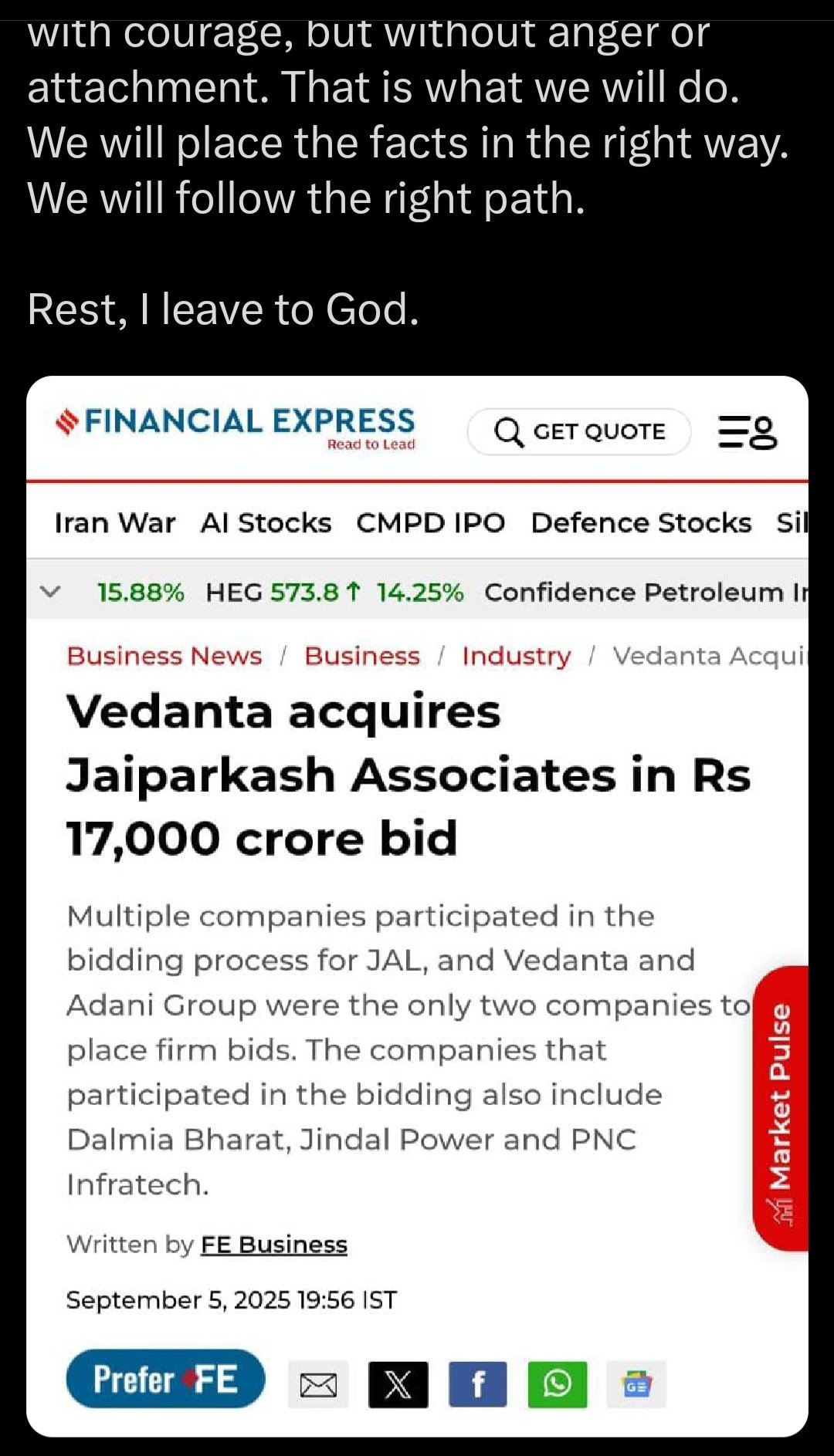 मीडिया रिपोर्ट का स्क्रीनशॉट जिसमें वेदांता की 17000 करोड़ रुपये की बोली का उल्लेख