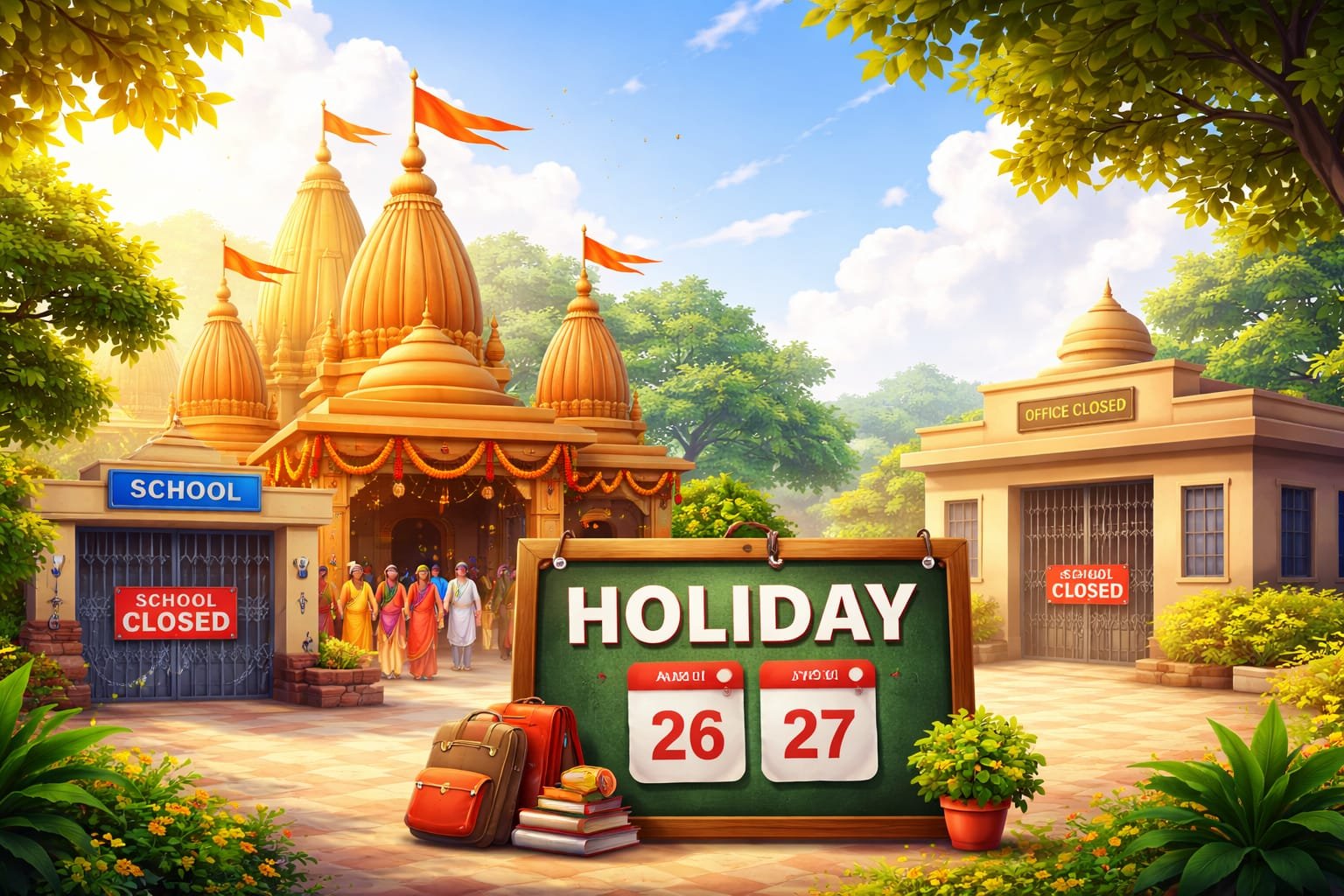 राम नवमी के अवसर पर मंदिर में पूजा करते श्रद्धालु और बंद स्कूल का प्रतीकात्मक दृश्य