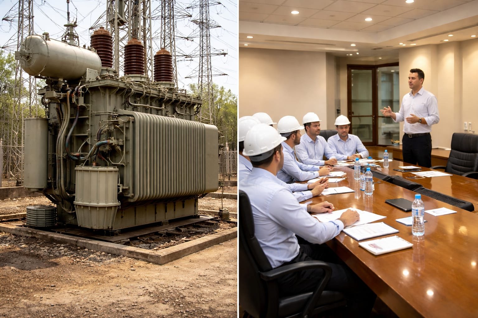 एक तरफ बिजली ट्रांसफार्मर और दूसरी तरफ बैठक कक्ष में अधिकारियों की मीटिंग