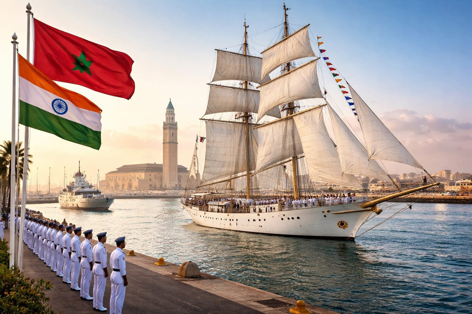 INS Sudarshini Indian Navy training ship at Casablanca port Morocco with Indian and Moroccan flags