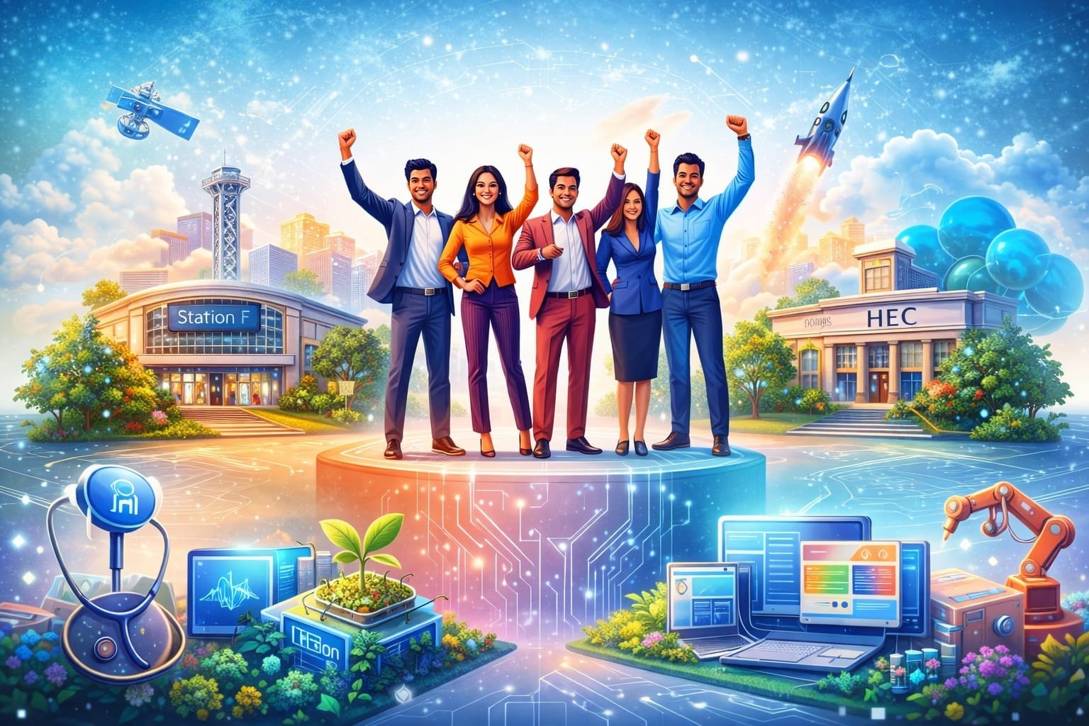 एआई स्टार्टअप्स और तकनीकी नवाचार को दर्शाता डिजिटल कॉन्सेप्ट चित्र