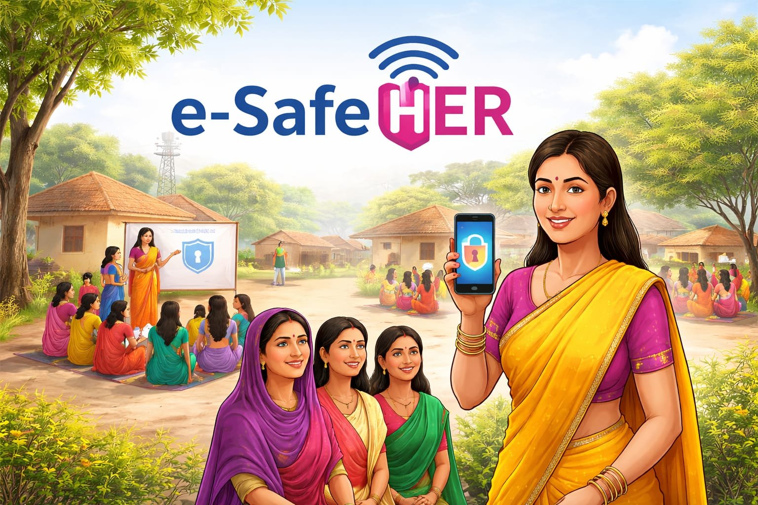 ग्रामीण महिलाओं को साइबर सुरक्षा प्रशिक्षण कार्यक्रम के तहत डिजिटल सशक्तिकरण का दृश्य