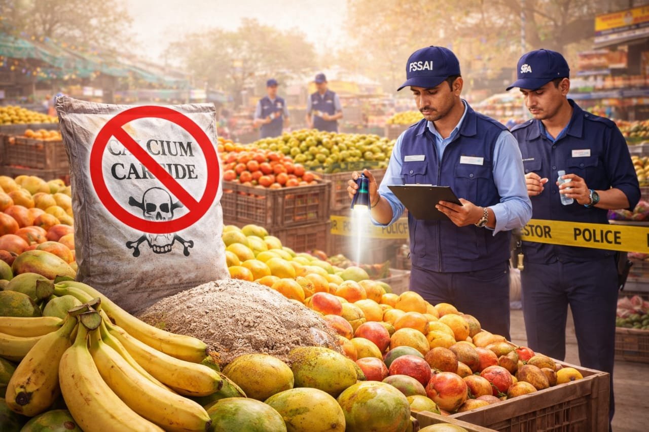 फल मंडी में रखे आम और केले, जिन पर कृत्रिम पकाने के खिलाफ सख्ती की गई