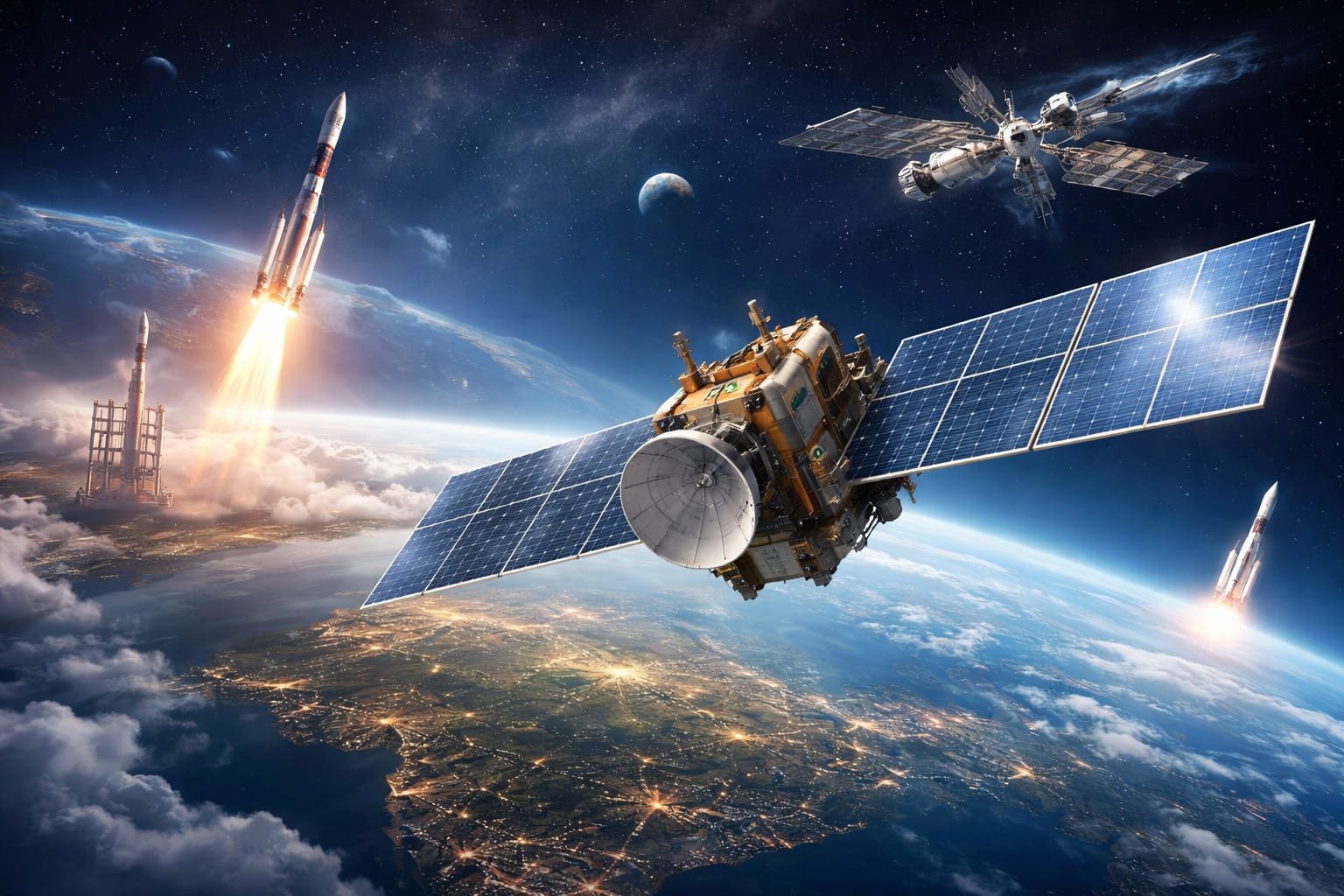 अंतरिक्ष में पृथ्वी की कक्षा में घूमता हुआ सैटेलाइट, भारत के अंतरिक्ष मिशनों का प्रतीक