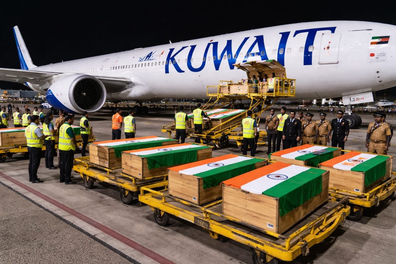 कोचीन इंटरनेशनल एयरपोर्ट पर विशेष कुवैत एयरवेज फ्लाइट से पहुंचे भारतीय नागरिकों के पार्थिव शरीर के सांकेतिक (imaginary) चित्र