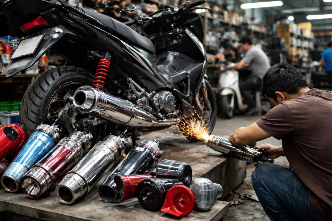 रायबरेली में वर्कशॉप के अंदर बाइक के साइलेंसर पर काम करता मैकेनिक