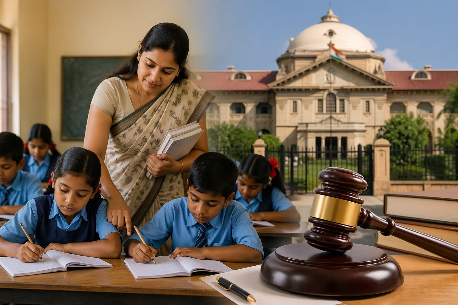 कक्षा में पढ़ाते शिक्षक और न्यायालय के प्रतीक, उत्तर प्रदेश शिक्षक ट्रांसफर आदेश का प्रतिनिधित्व