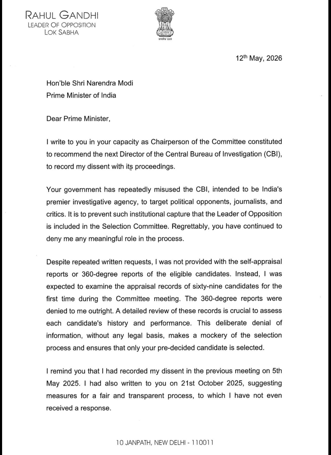राहुल गांधी द्वारा CBI निदेशक चयन प्रक्रिया को लेकर प्रधानमंत्री को लिखा गया पत्र
