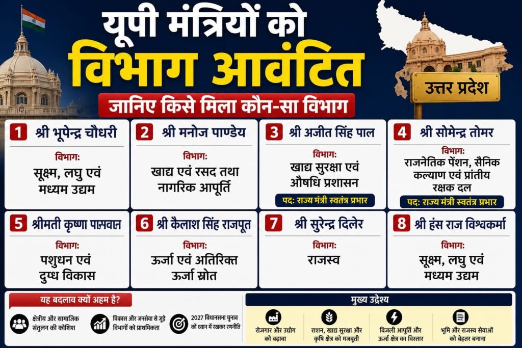 यूपी कैबिनेट विस्तार में 8 मंत्रियों को विभाग आवंटित, जानिए किसे मिली कौन-सी जिम्मेदारी और विभागों के कार्य